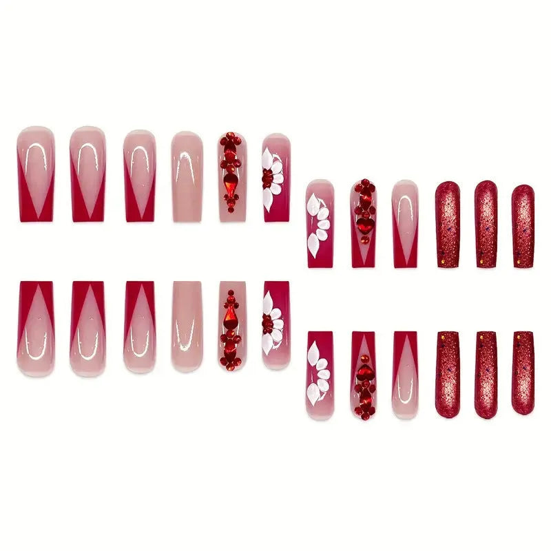 24 floral fake nails with red diamond accents, jelly glue, and nail file for at-home manicures