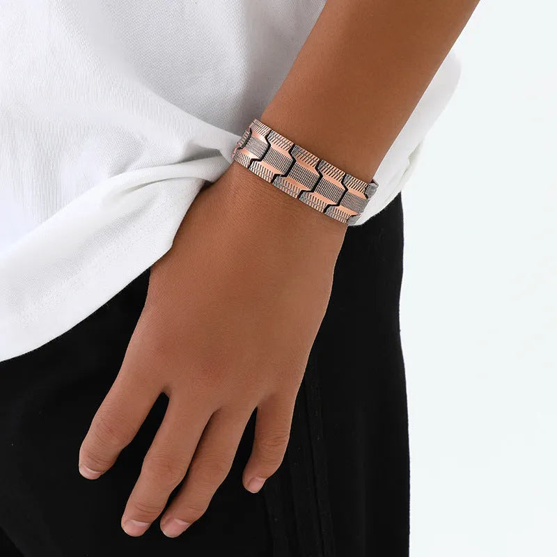 Carved retro three rows full magnet bracelet in zinc alloy, unisex, bronze brushed finish