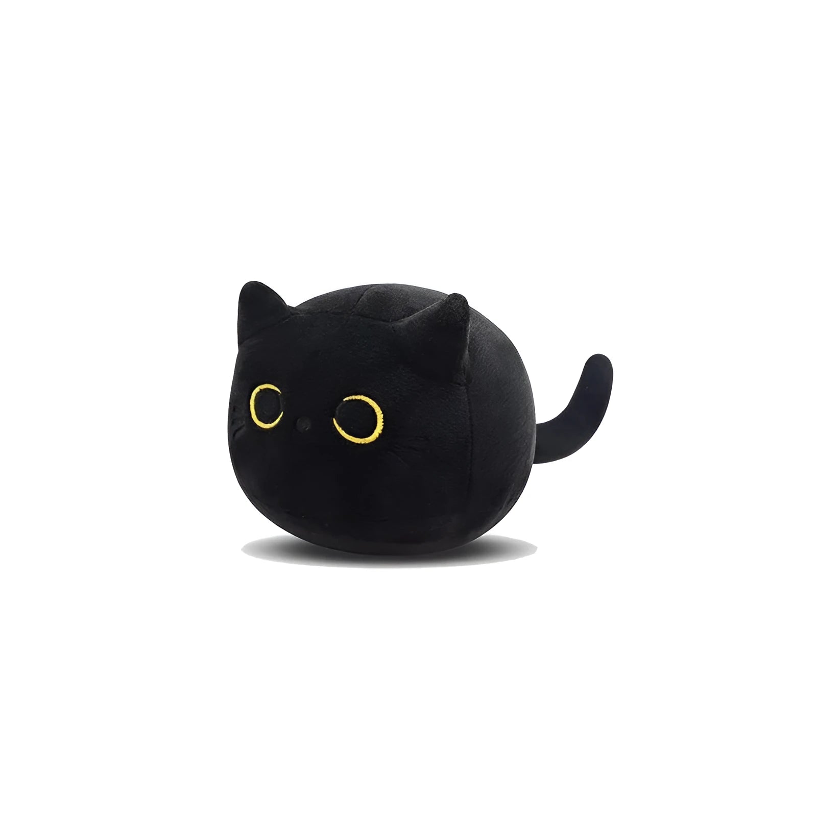 Fluffy black cat plush toy with soft texture, shown as a decorative cushion