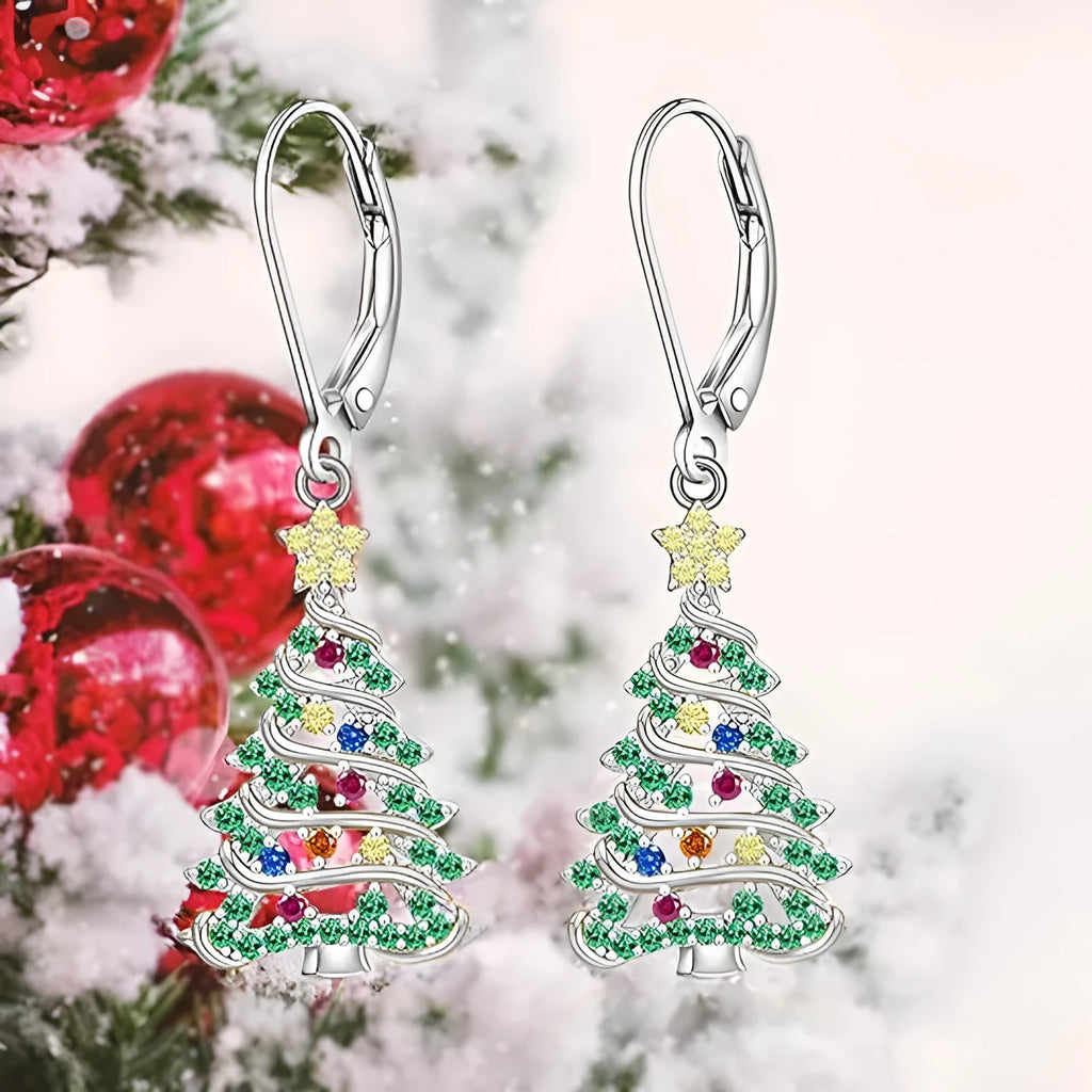 Women's Christmas tree earring pendants in white gold colour with star shape and natural style