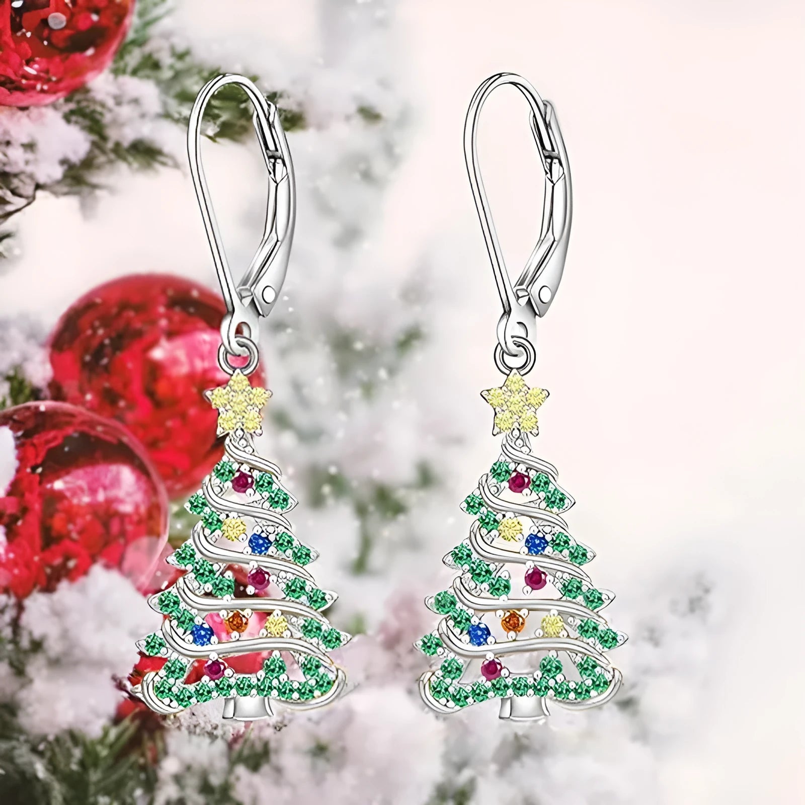 Women's Christmas tree earring pendants in white gold colour with star shape and natural style