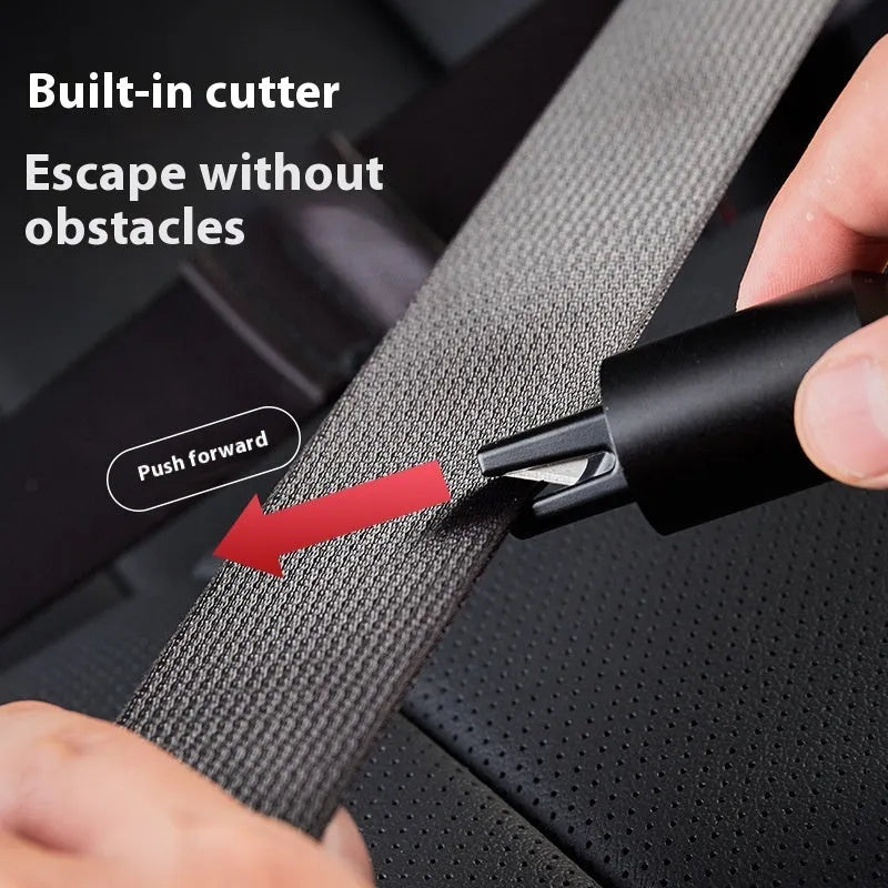 Aluminium alloy vehicle emergency window breaking machine with a tempered glass test panel.