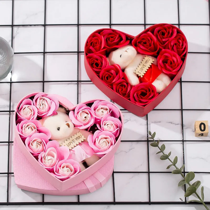 Heart-shaped red gift box containing scented soap roses for bath use