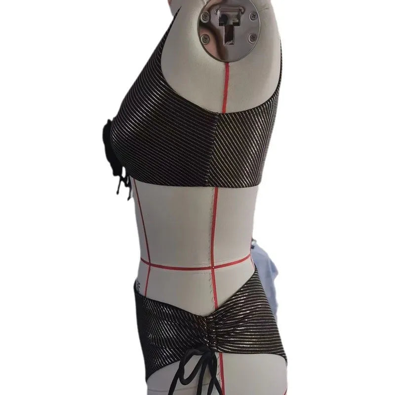 Black polyester triangle bikini swimsuit for women with sleeveless 3D stereo design