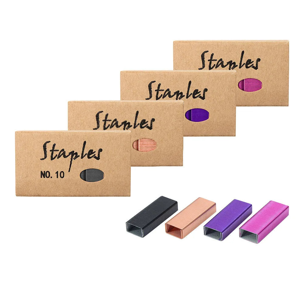 Box of 1000 metal staples in four colour options: black, purple, rose gold, and rose red