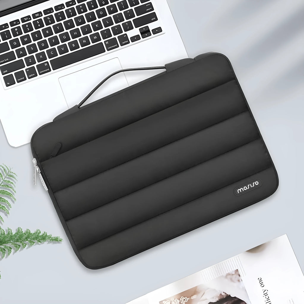 Velvet laptop storage bag with cotton down shrink compartment in black, pink, light brown or sand colour