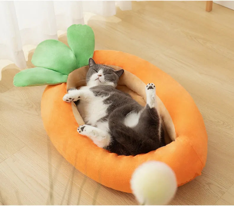 Carrot-shaped nesting dog bed with washable blanket for small or medium-sized pets