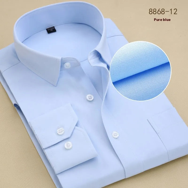 Men's black long sleeve business shirt with slim fit design on hanger showing cardigan style and cotton fabric texture