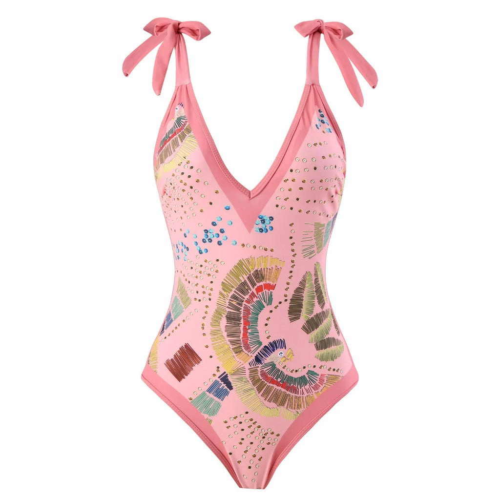 Retro French style one-piece swimsuit with optional matching gauze skirt in blue or pink colour options