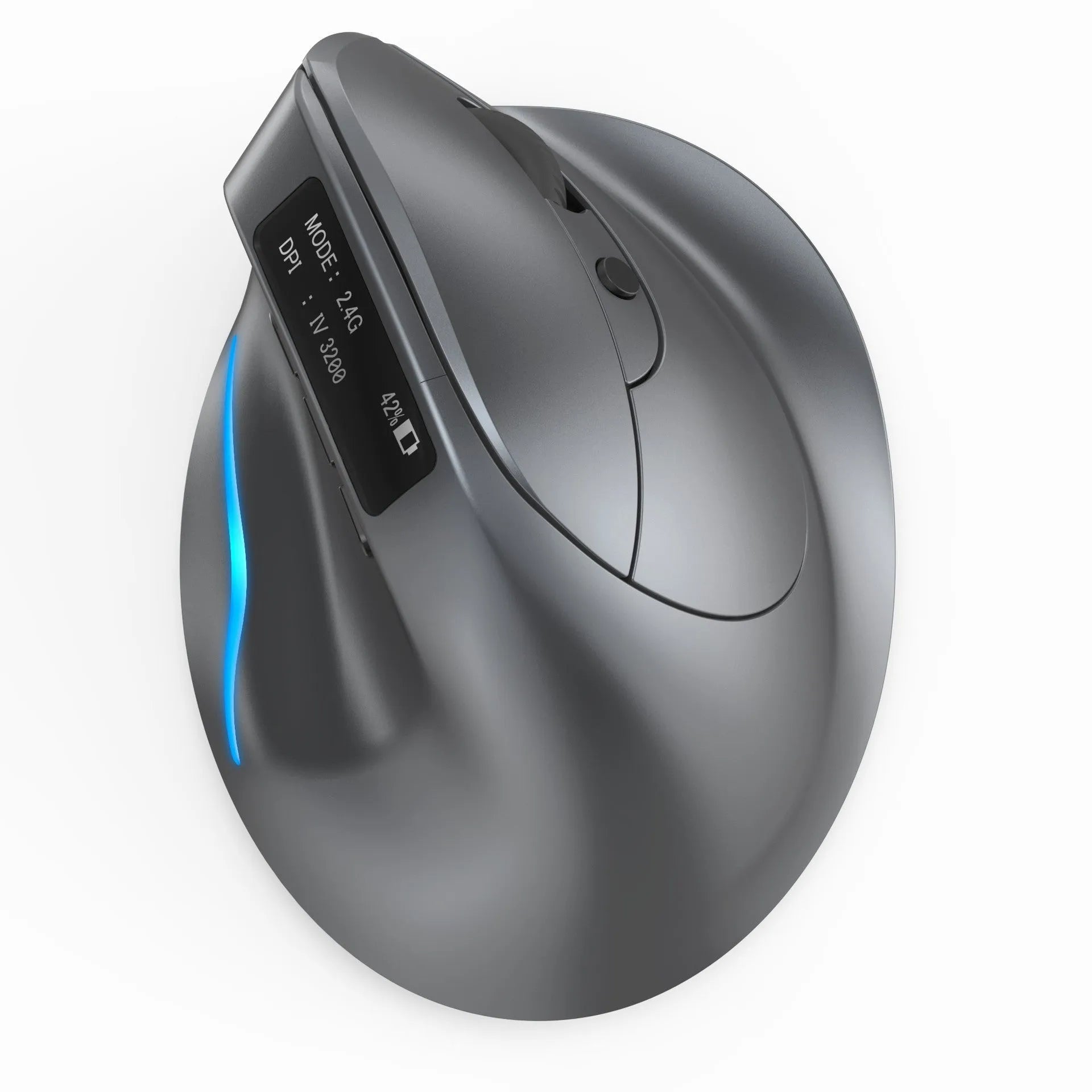 Gray vertical ergonomic wireless mouse with Bluetooth connectivity and self-charging capability