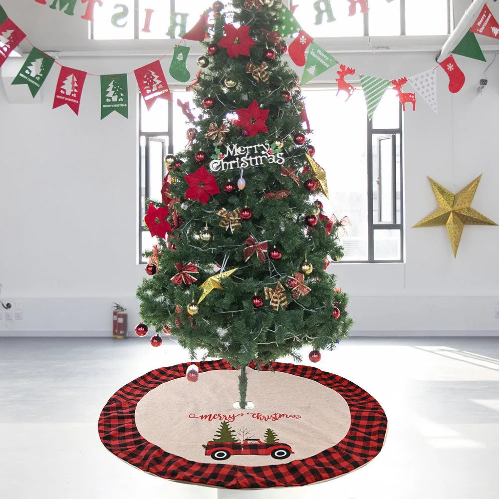 120cm diameter imitated linen cloth Christmas tree skirt with Car Christmas Tree design, showing mechanical stitching