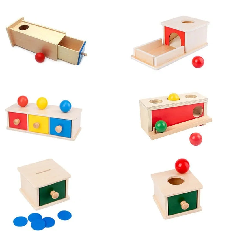 Wooden coin box drawer game 14.5 x 13 x 9 cm early education toy for infants aged 0-3 years