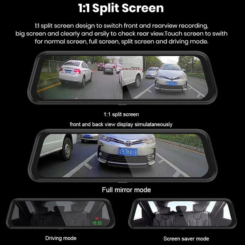 Black 10-inch rear view mirror dash cam with dual recording, 170-degree angle, and touch screen