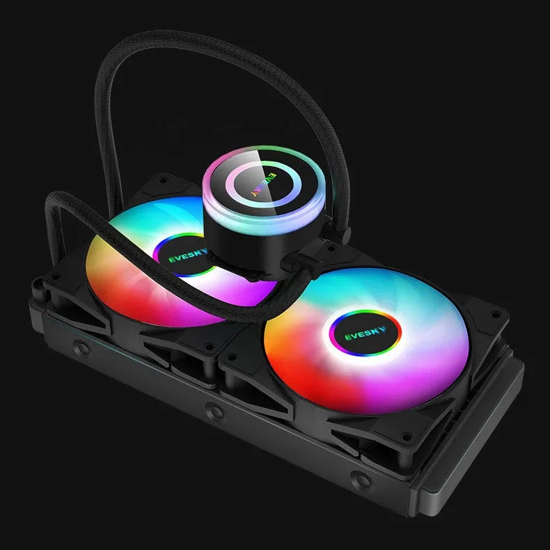 CPU radiator with RGB lighting showing aluminium construction and multiple colour options for PC cooling