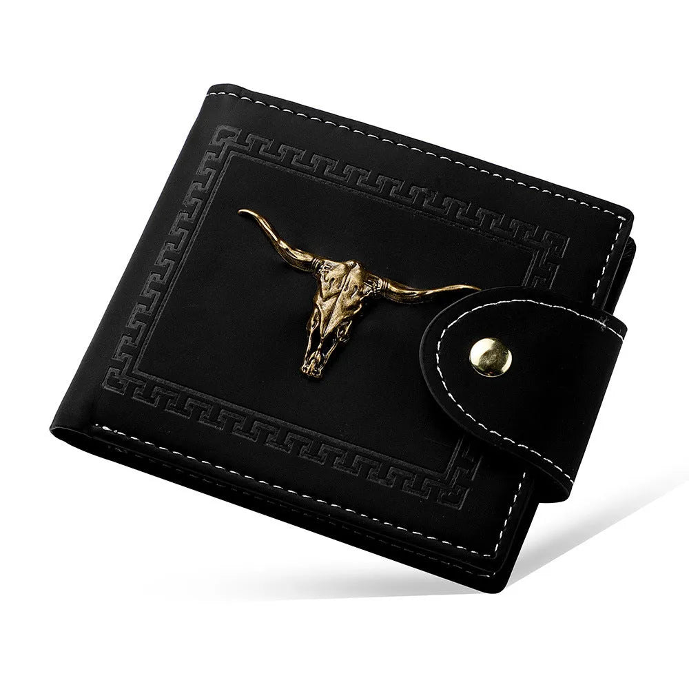 Black men's short wallet with animal pattern design, multiple card slots and zipper closure
