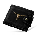Black men's short wallet with animal pattern design, multiple card slots and zipper closure