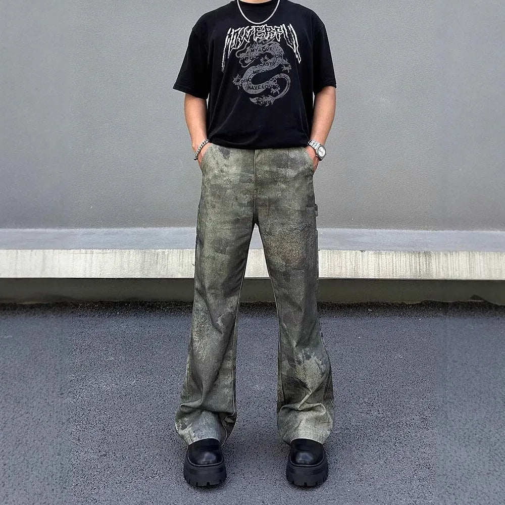 Men's retro camouflage jeans with straight-leg cut and cotton denim fabric in sizes S to 3XL