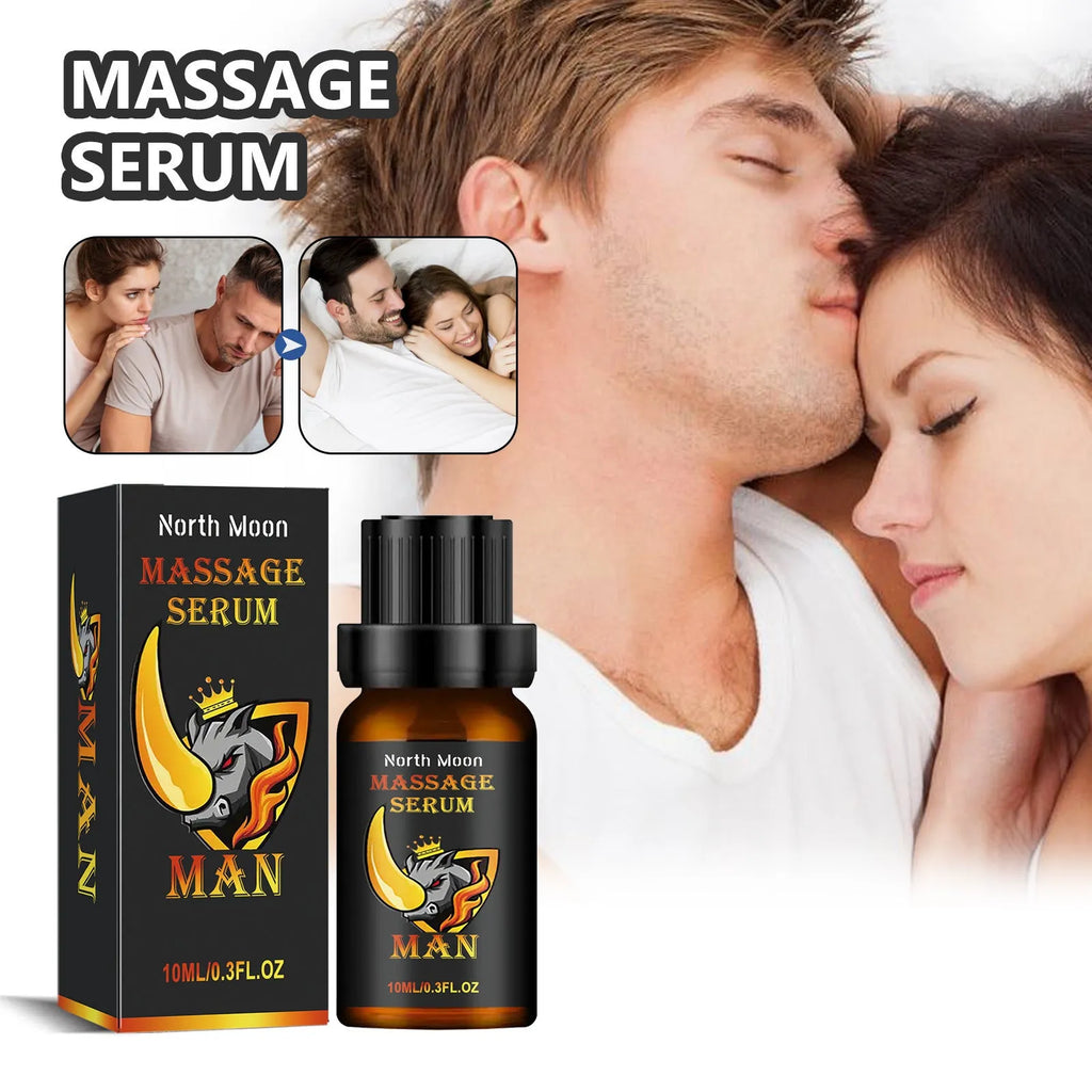 10ml bottle of men's massage essential oil with mineral oil, jojoba oil, and ginger root oil for external application