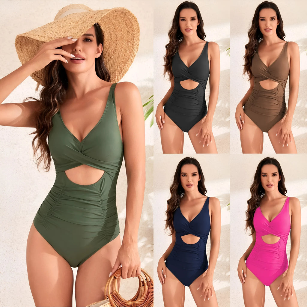 Women's high-waisted black one-piece swimsuit with cross pack pleating detail on the front.