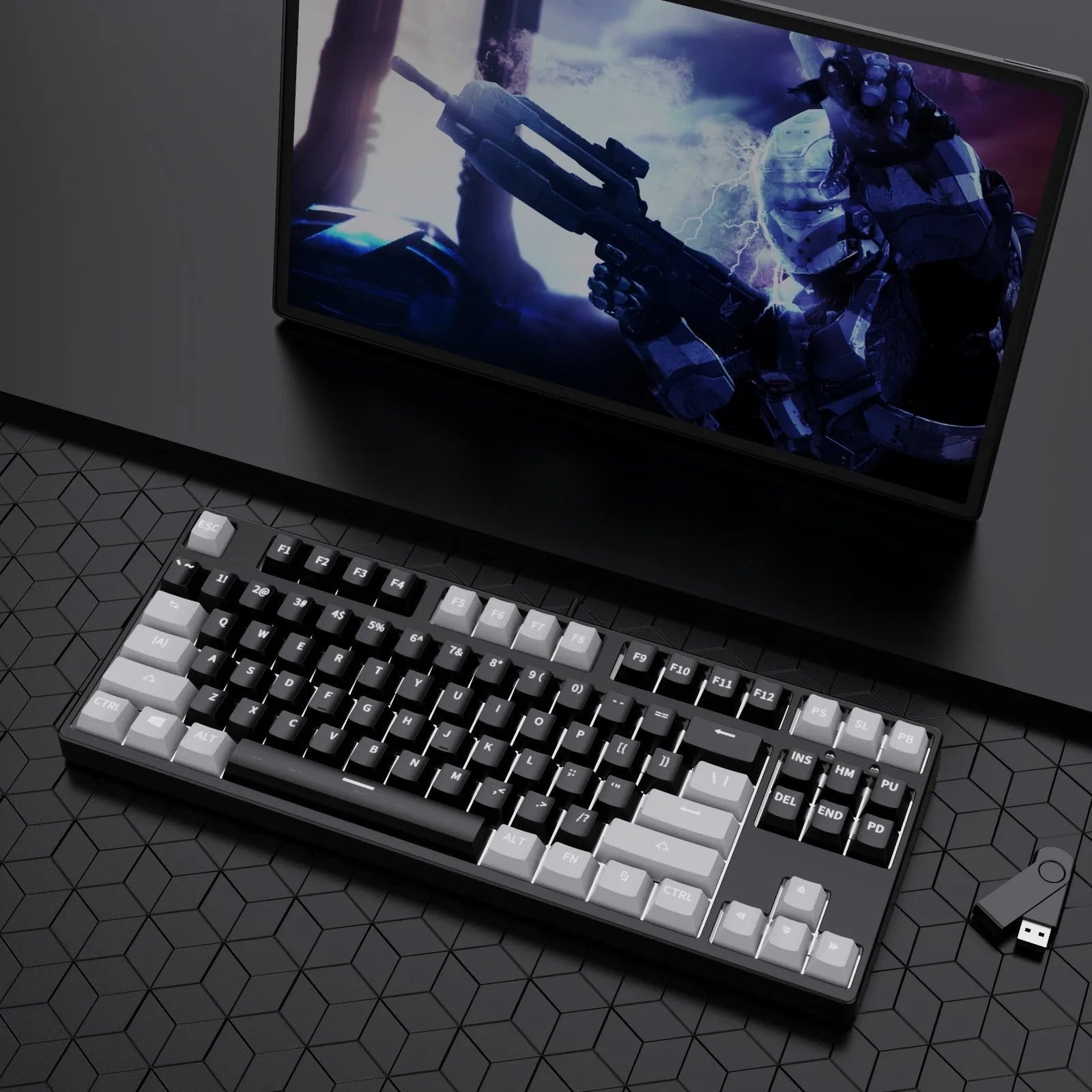 87-key wired mechanical keyboard with two-tone keycaps and metal frame, showing compact design and included tools