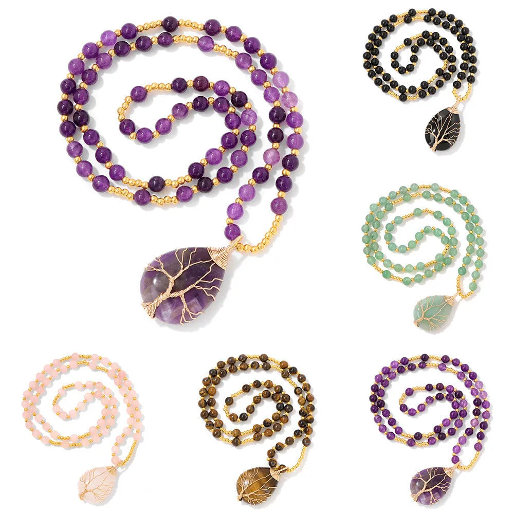 64cm elastic stone pendant necklace with 6mm beads and artificial crystal pendant, seaside beach style