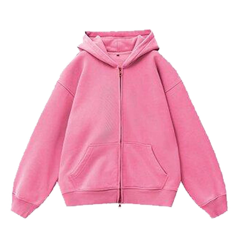 Women's loose grey fleece-lined hooded cardigan sweater with patch pockets.