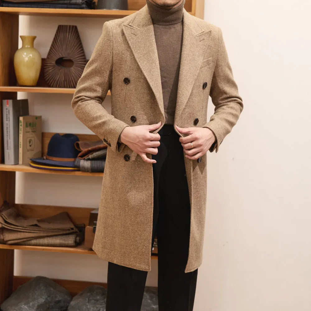 Brown men's double-breasted slim-fit wool blend jacket with side seam pockets and straight hem.