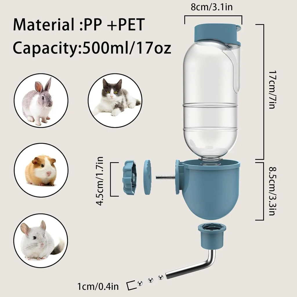 Blue pet water bottle with rotatable nozzle for small animal cages, showing 500ml capacity and stainless steel ball