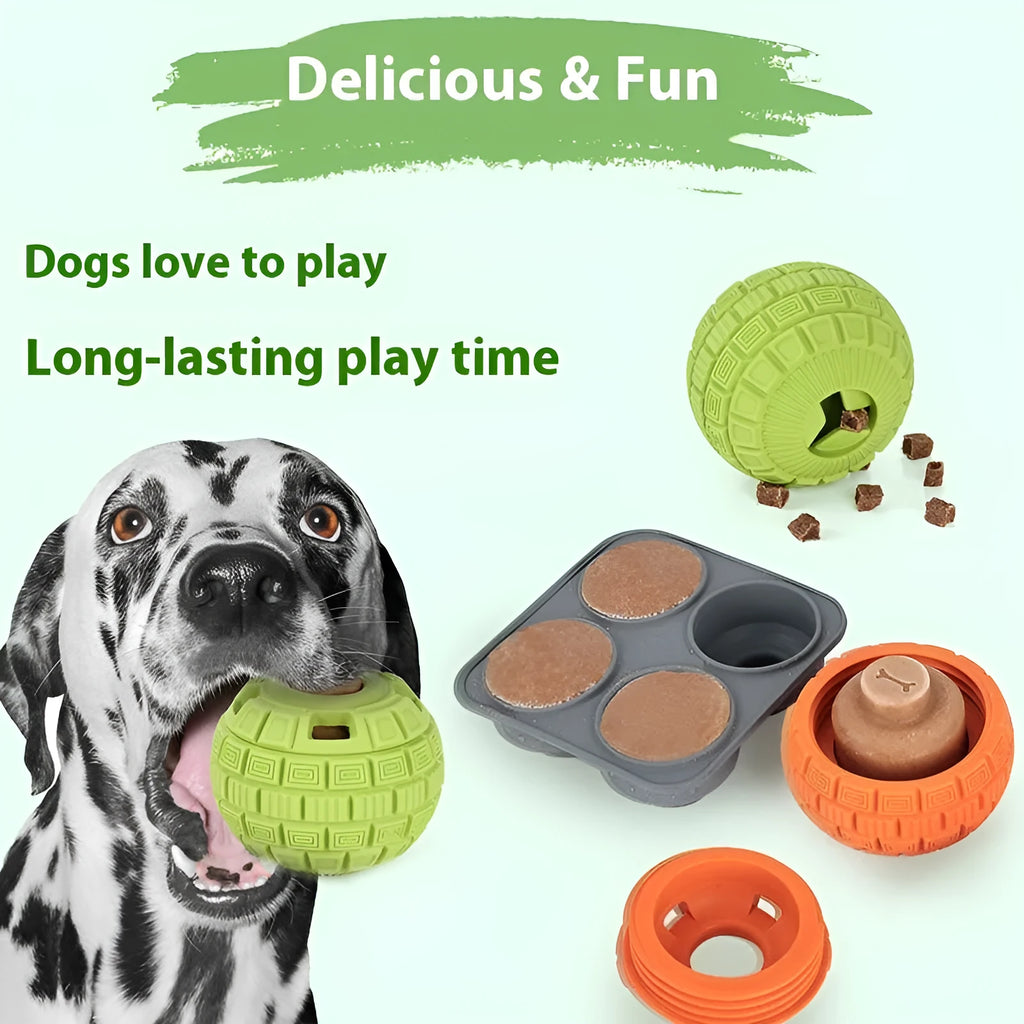 Green natural rubber dog treat dispensing ball with dropping function for mental stimulation