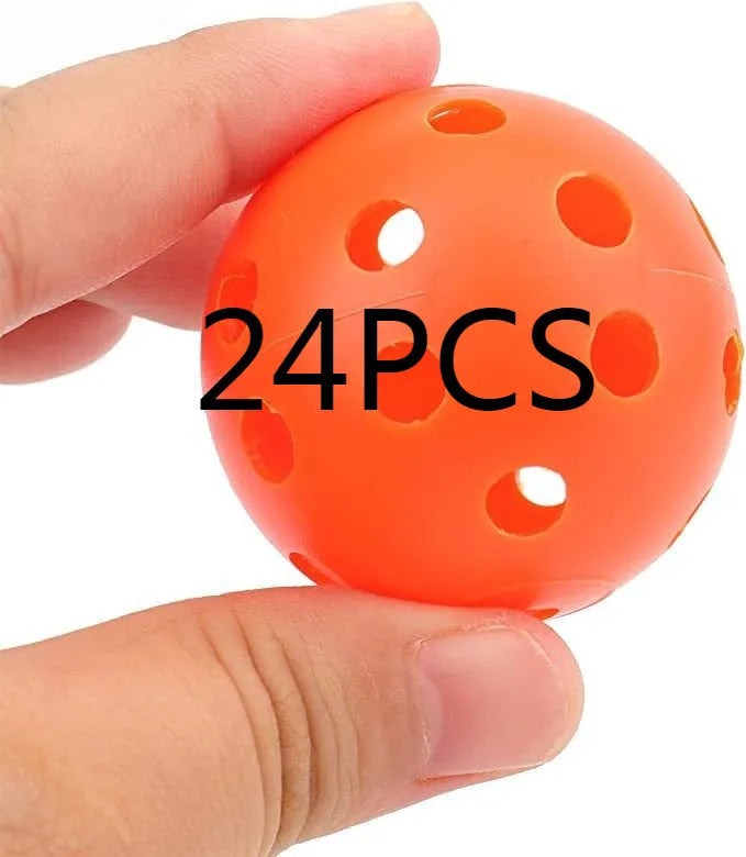 Six-colour golf practice balls in net pocket, each measuring 42mm diameter