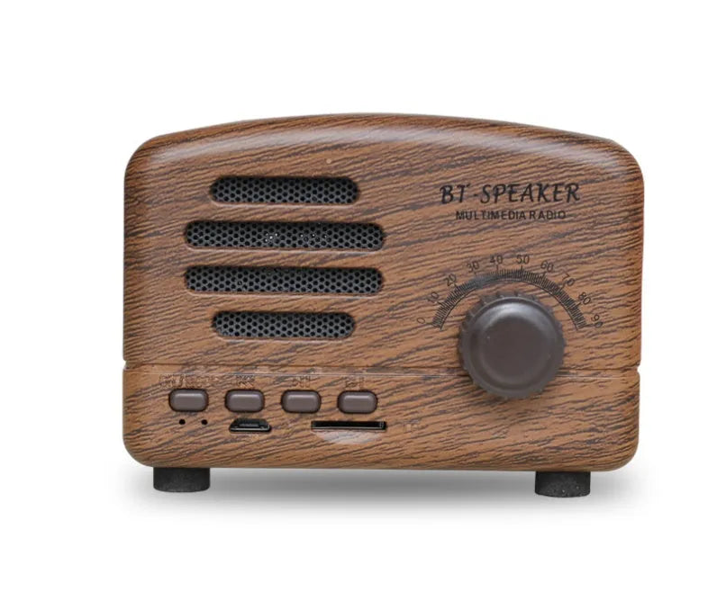 Vintage wood Bluetooth speaker in black finish showing compact 93mm height with control buttons