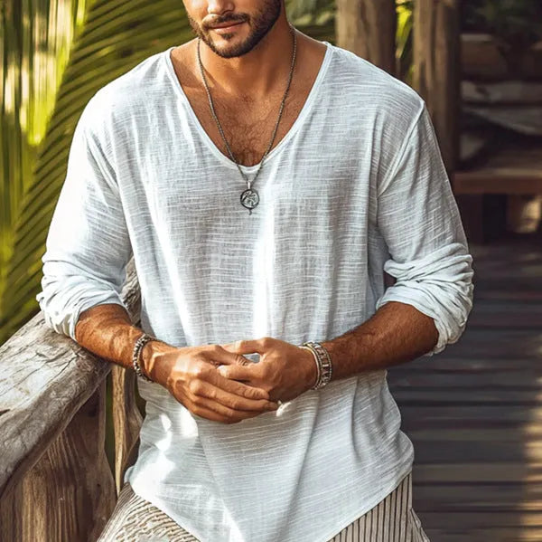 V-neck long-sleeved t-shirt in beige, slim-fit design, made from hemp blend fabric, sizes S to XXXL