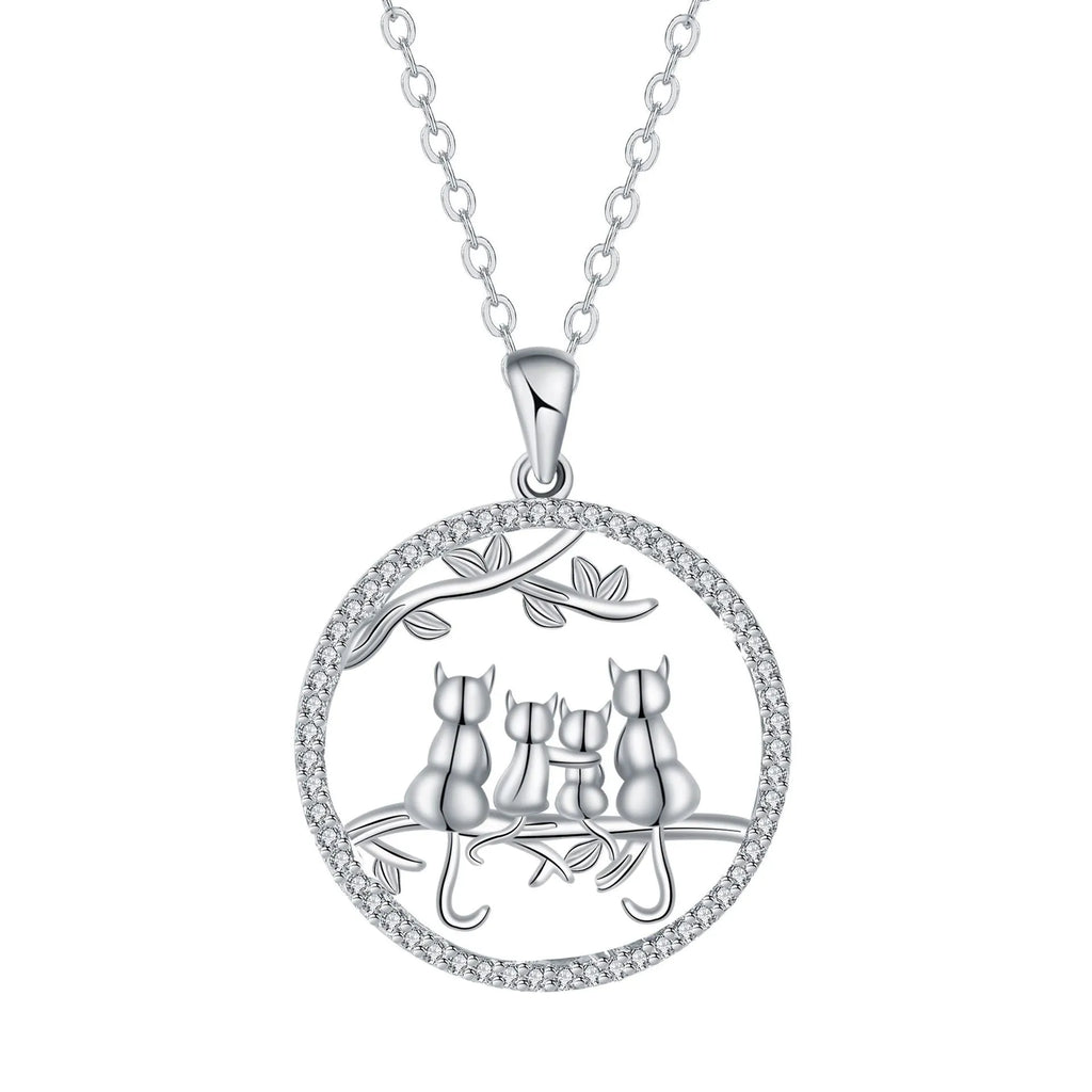 Original design copper cat pendant necklace with a cross chain, featuring a four kitten pattern.