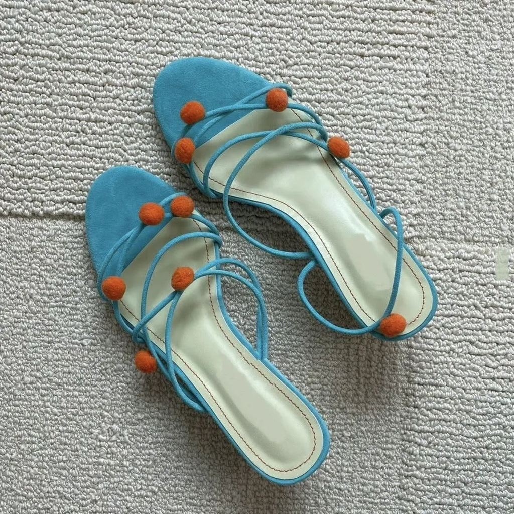 Cyan genuine leather lace-up high-heeled sandals with open toe and thin straps