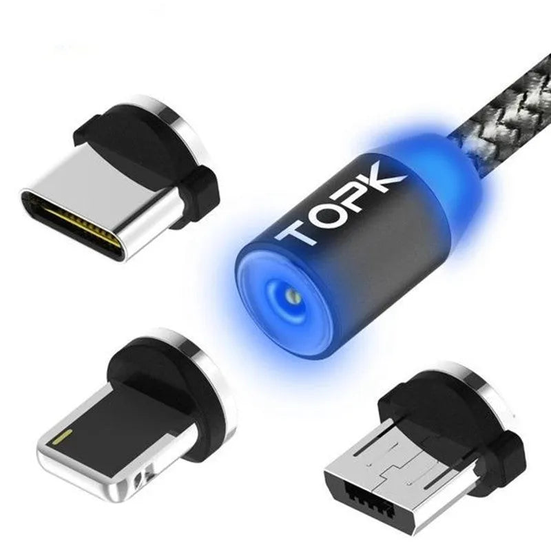 Magnetic data line with three plugs: Apple, Android, and Type-C, showing aluminium alloy shell and LED light