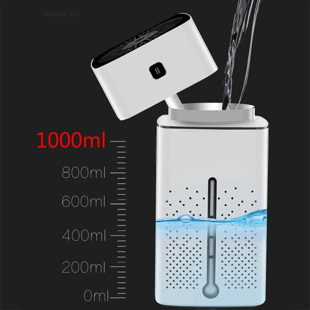 Black and white desktop humidifier measuring 103x103x218mm with 1000ml capacity and USB interface