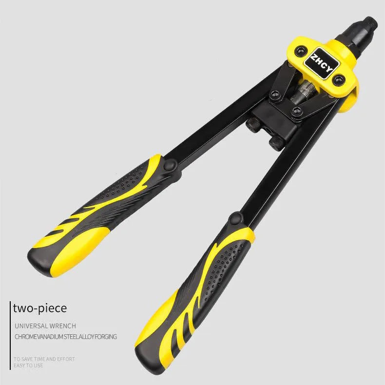 Yellow 13-inch manual rivet gun with three built-in tips for 3.2 mm, 4.0 mm, and 4.8 mm aluminium and steel household rivets