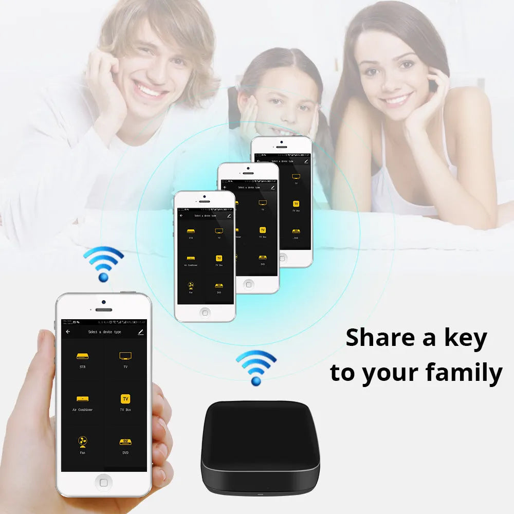 Black voice control universal infrared remote control with WiFi connectivity for home appliances