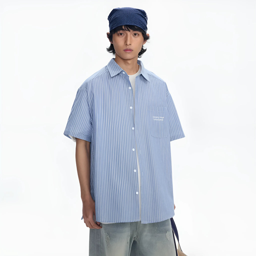 Blue striped short-sleeved overall shirt in loose cardigan style for men and women