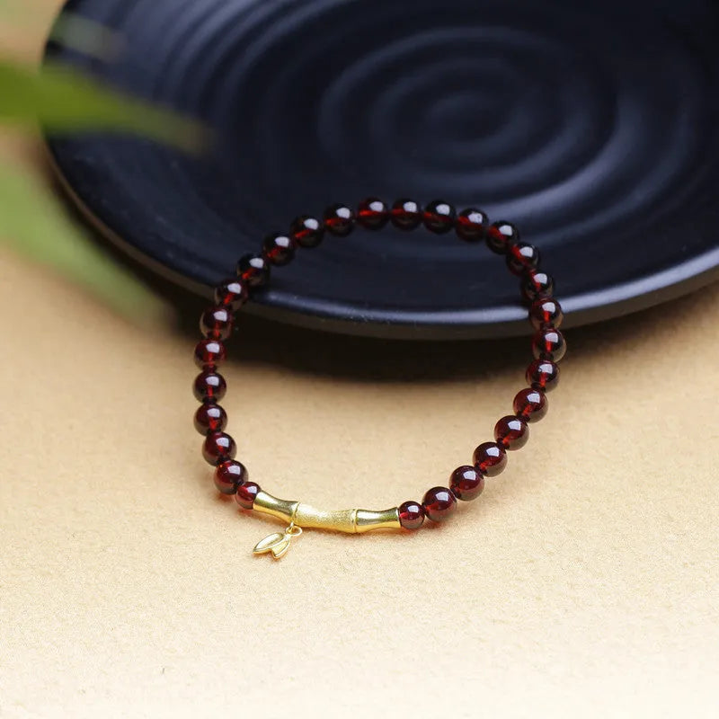 Natural garnet bamboo joint single ring bracelet with 6mm diameter in copper or silver finish