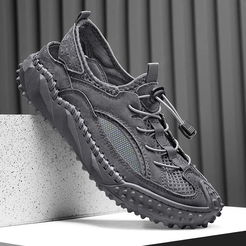 Men's waterproof sports sandals with leather mesh upper and rubber sole in toe-cap design