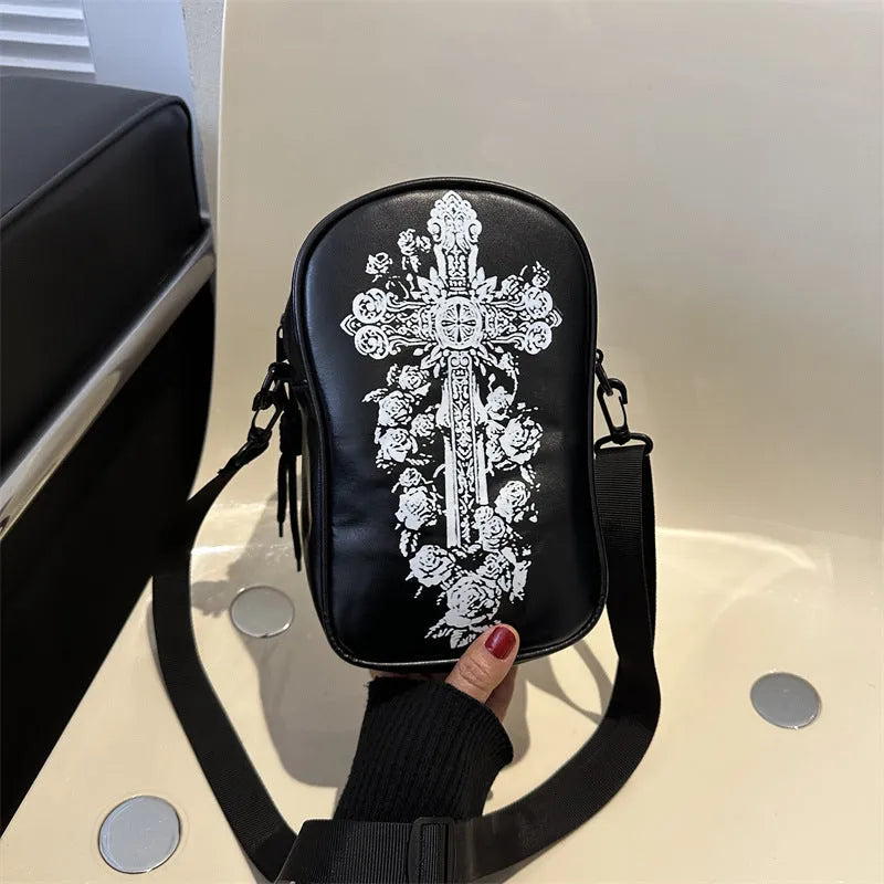 Halloween graffiti crossbody phone bag with pumpkin ghost bat print, 14x23x9.5cm dimensions, PU material