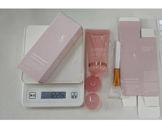 Collagen night face mask in 75ml bottle with application brush for skin firming and hydration