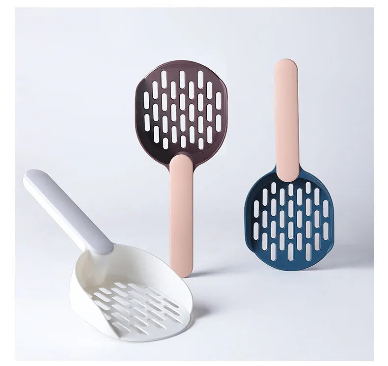 Blue plastic cat litter shovel scoop tool for cleaning litter boxes.