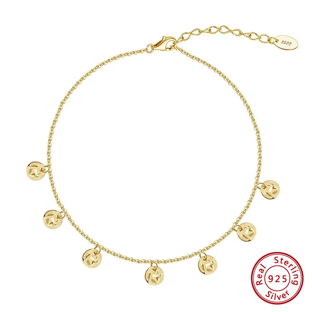 S925 sterling silver women's anklet with round geometric charm on adjustable chain.