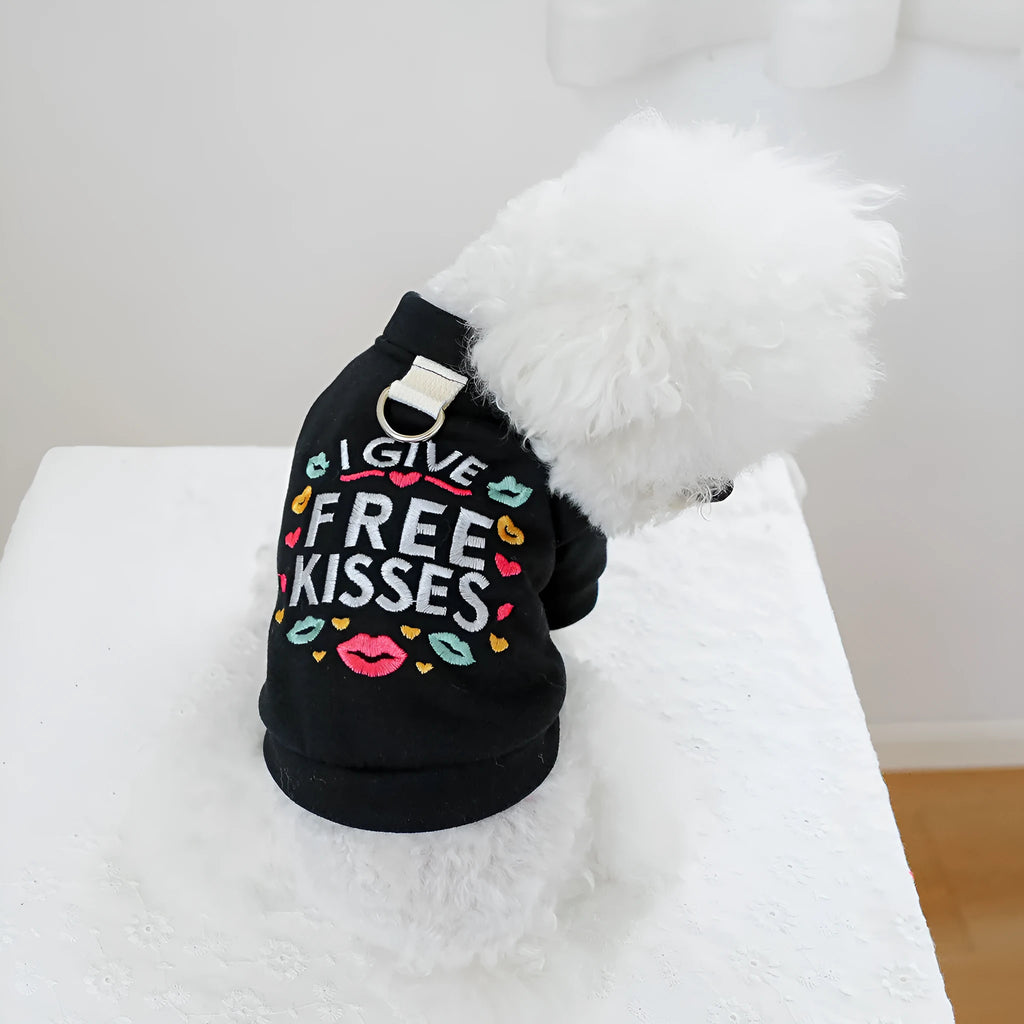 Casual kiss pattern pet sweater for dogs and cats shown in a universal fit design.