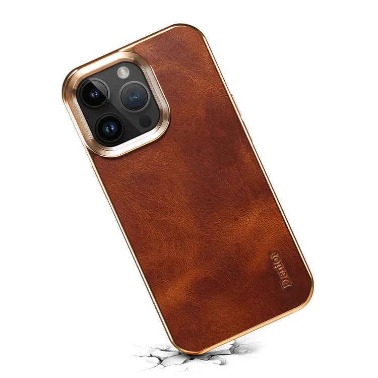 Leather phone case with vintage oil wax finish showing textured surface and precise port openings
