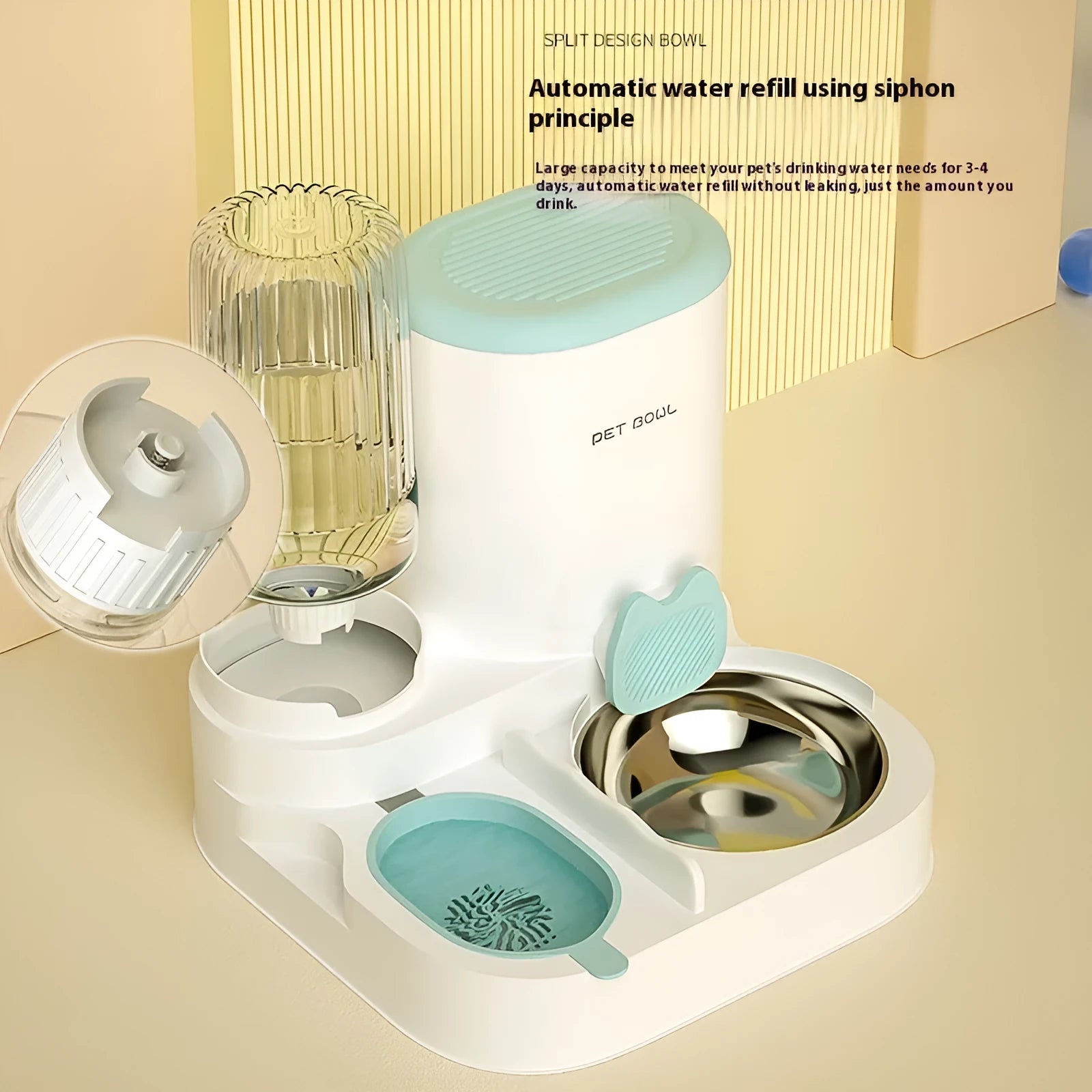 Automatic cat water fountain with integrated feeding bowl in avocado green colour, showing compact square design.