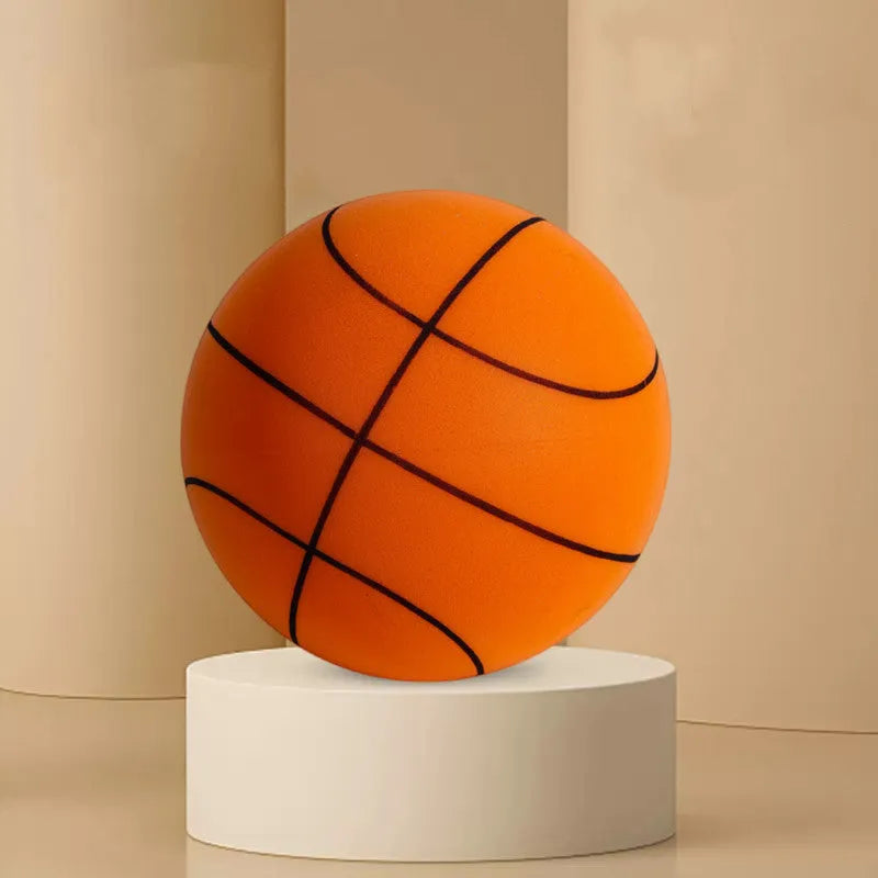 Silent high-density foam basketball in bright orange, 22cm diameter, for indoor children's play with reduced noise