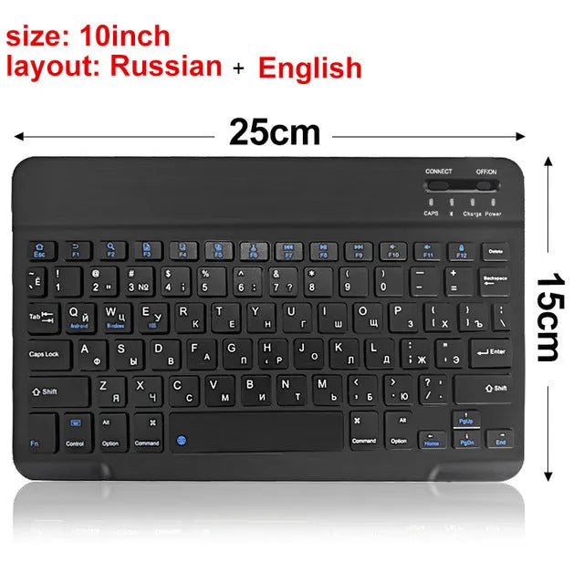 Mini Bluetooth wireless keyboard in black or white, showing compact design for 7-inch to 10-inch devices with 44-hour battery